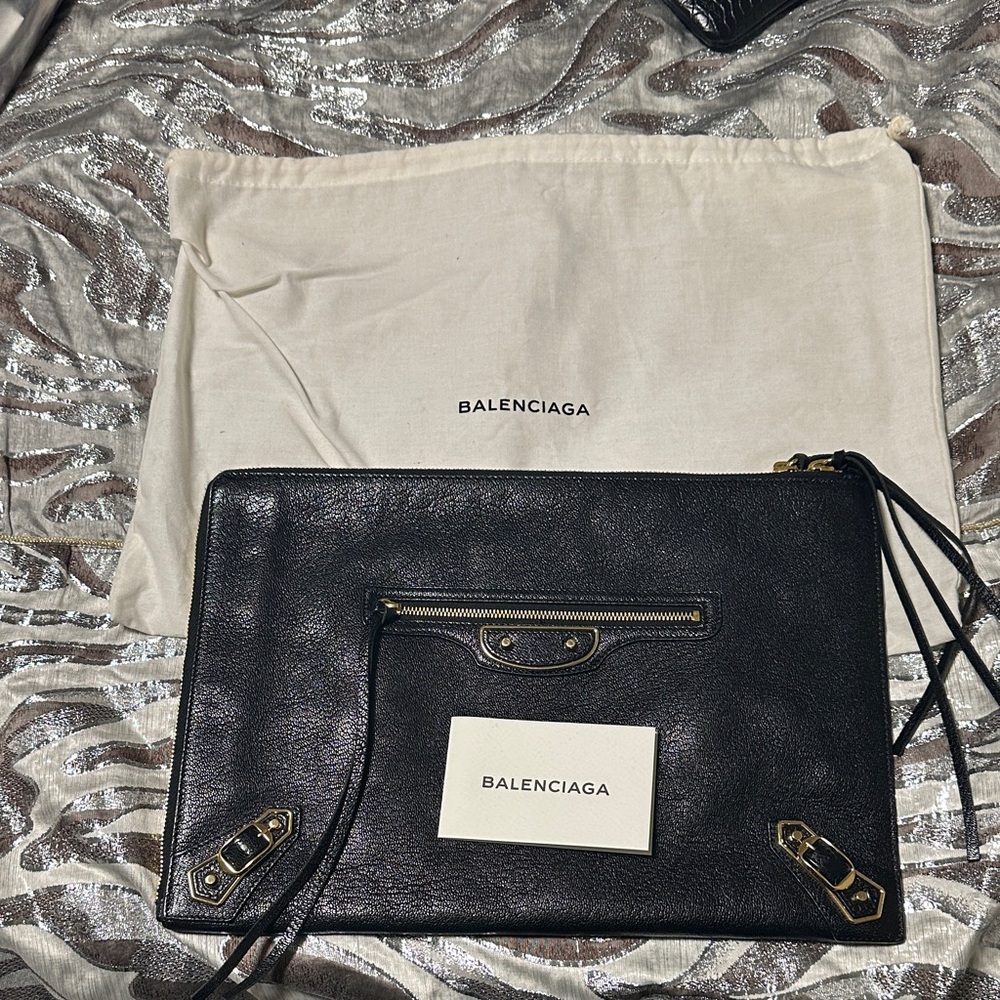 Balenciaga Black Clutch with Gold Accents